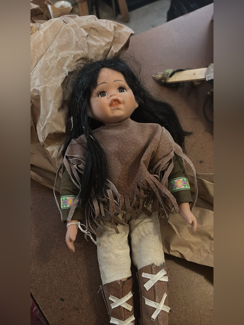 Handcrafted Native-Inspired Kids Doll in Brown and Black